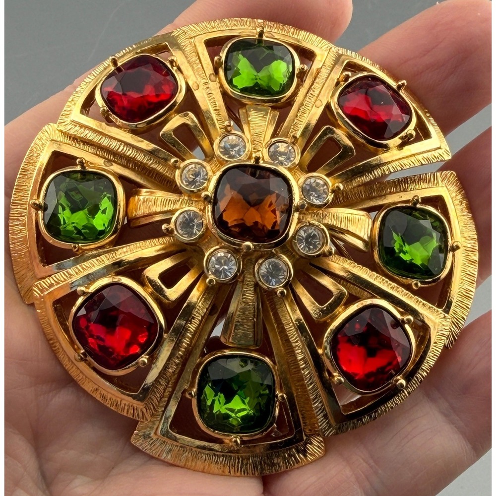Vintage Joan Rivers Christmas Sunburst Rhinestone Brooch Gold Tone 2 3/4" Signed